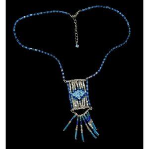 Handcrafted Bohemian Blue & Silver Tone Beaded Necklace With Fringe Pendant